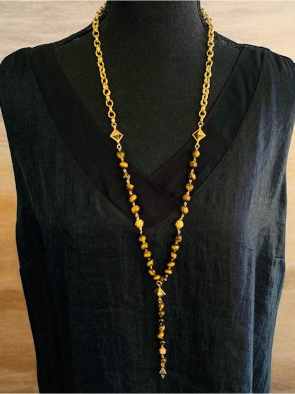 Ettika Tigers Eye Agate Beaded Golden Chain Lariat Y Necklace